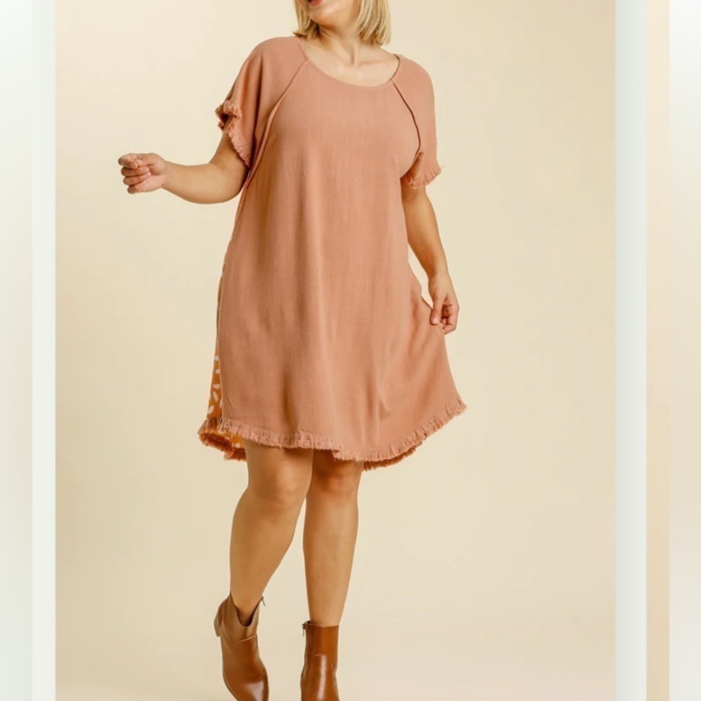 Umgee Linen Blend Frayed Hem Animal Print Dress